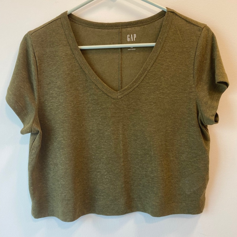 Gap T-Shirt Women XS Olive Green Linen Crop V-Neck Short Sleeve Casual Tee
